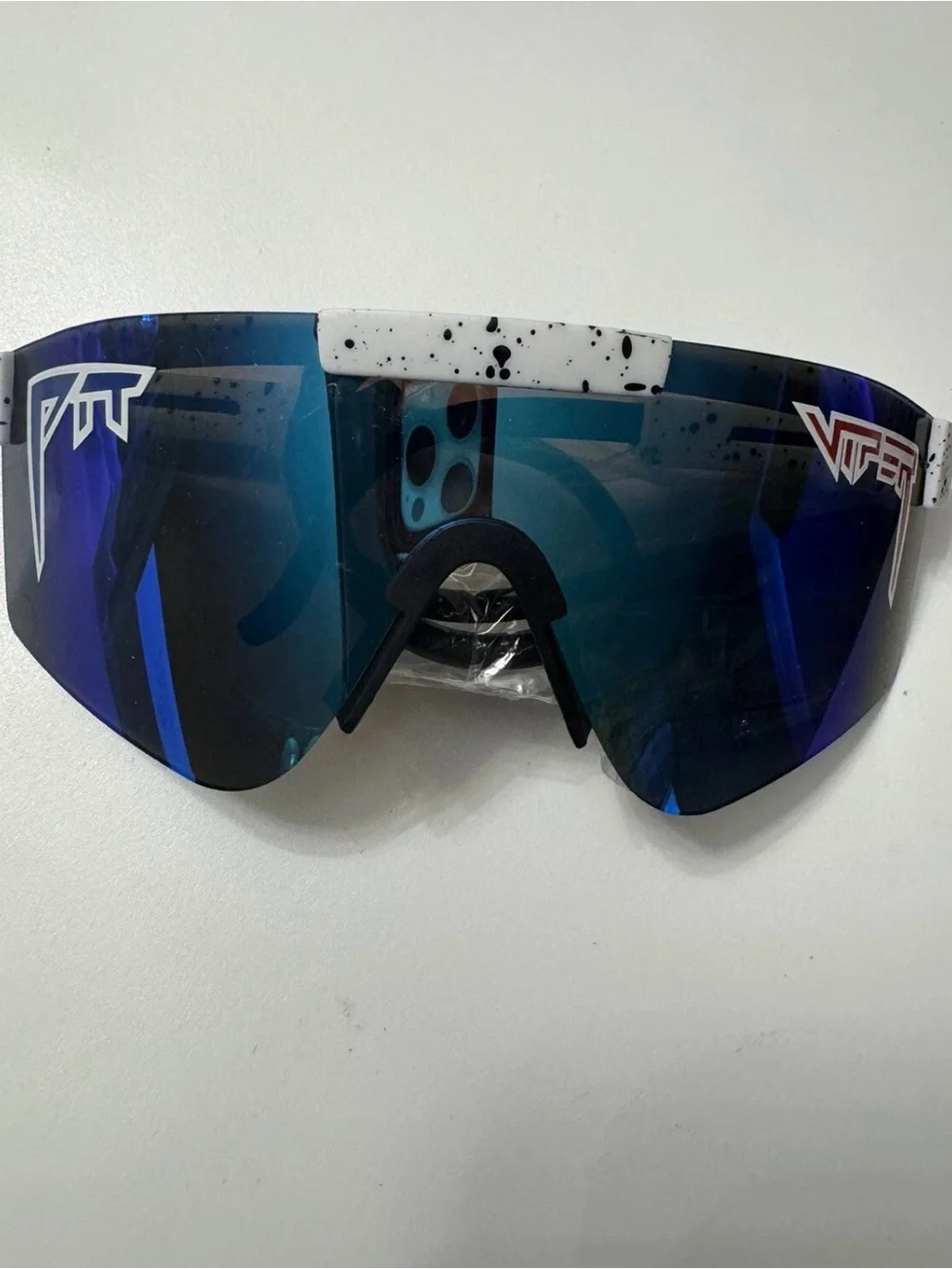 Pit Viper Blue Mirrored Shield Goggles with White Speckled Brow